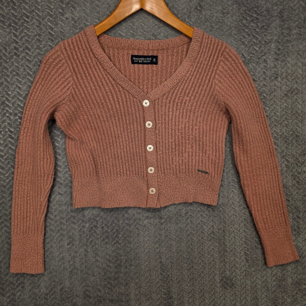 Abercrombie & Fitch Soft AF Ribbed Cropped Cardigan Sweater Dusty Rose Pink XS